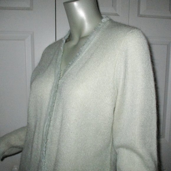 WHITE + WARREN Light Green Mohair Blend Sweater Frayed Details Large - Picture 4 of 8